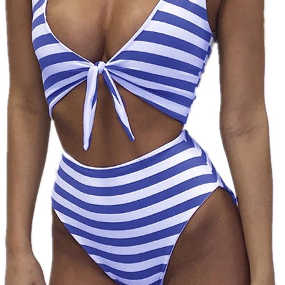 Blue and White High Waisted Swimsuit